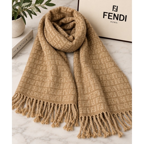 Fendi Accessories - Fendi Zucca Monogram Scarf Tan Beige FF Logo Fringe Trim Rectangle Luxury Scarf